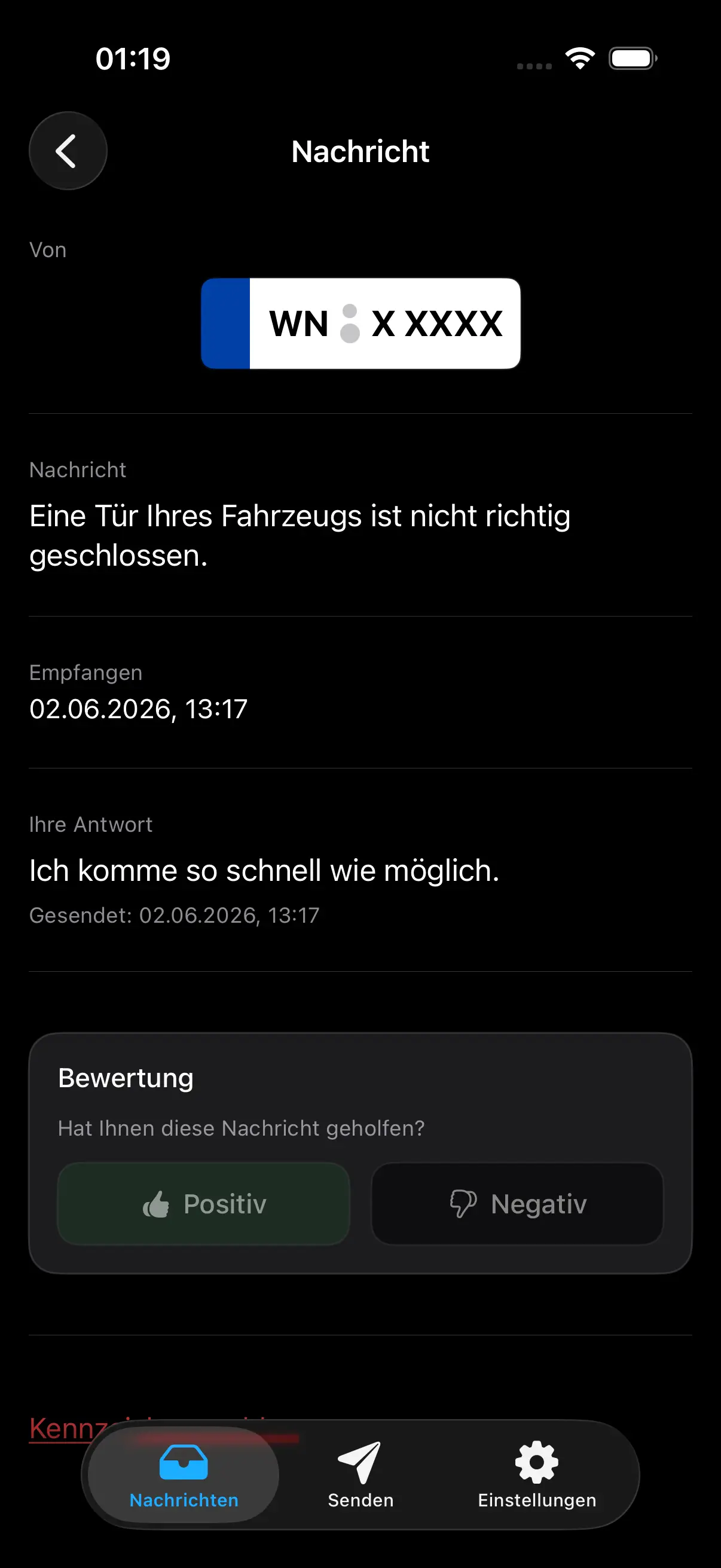 Plate - Nachrichtendetail mit Antwort und Bewertung